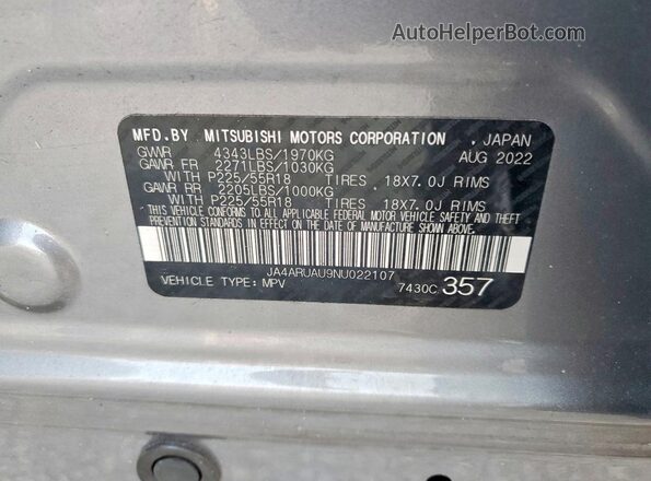 JA4ARUAU9NU022107 2022 MITSUBISHI OUTLANDER Gray Vista interior de 360 grados