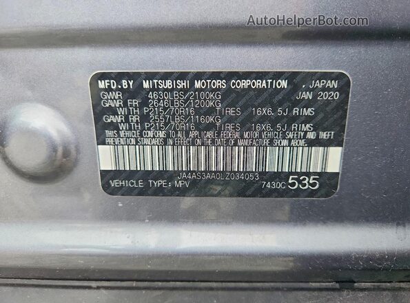 JA4AS3AA0LZ034053 2020 MITSUBISHI ECLIPSE Gray Widok naklejki z numerem VIN