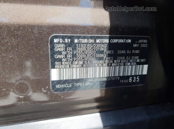 JA4J3VA86NZ079779 2022 MITSUBISHI OUTLANDER Коричневый Вид наклейки с VIN-кодом