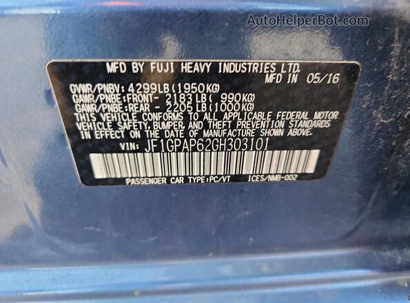 JF1GPAP62GH303101 2016 SUBARU IMPREZA Blue VIN կոդի պիտակի տեսք