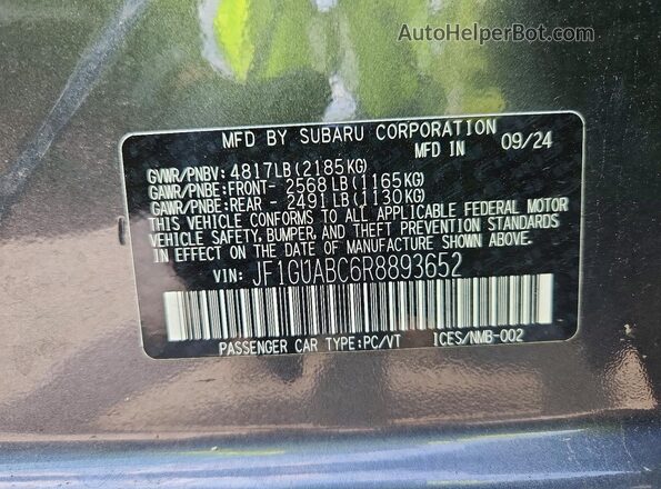JF1GUABC6R8893652 2024 SUBARU IMPREZA Gray Widok naklejki z numerem VIN