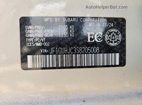 JF1GUHJC3S8205008 2025 SUBARU IMPREZA White VIN sticker view