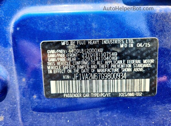 JF1VA2M67G9800934 2016 SUBARU WRX Blue VIN կոդի պիտակի տեսք