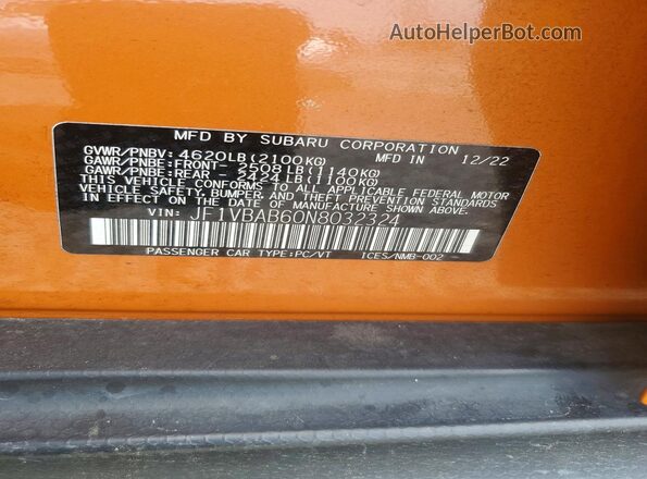 JF1VBAB60N8032324 2022 SUBARU WRX Orange VIN կոդի պիտակի տեսք