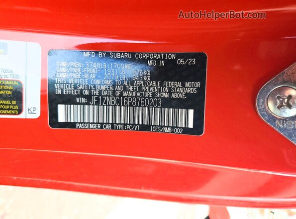 JF1ZNBC16P8760203 2023 TOYOTA GR86 Red Widok naklejki z numerem VIN