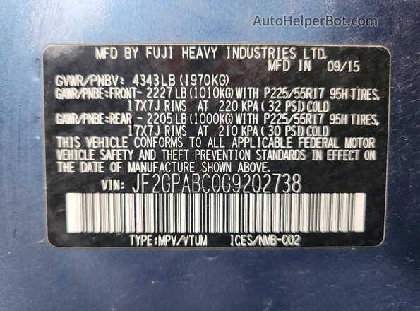 JF2GPABC0G9202738 2016 SUBARU CROSSTREK Blue ძრავის განყოფილების ხედი