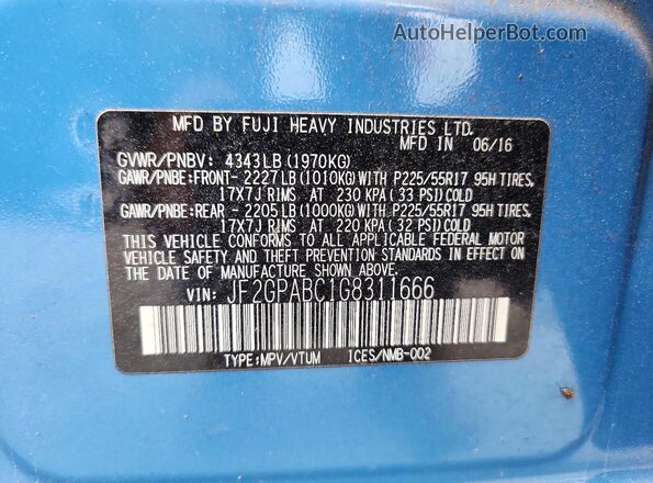 JF2GPABC1G8311666 2016 SUBARU CROSSTREK Blue VIN კოდის სტიკერის ხედი