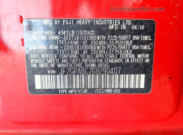 JF2GPABC2G8290407 2016 SUBARU CROSSTREK Red Widok naklejki z numerem VIN