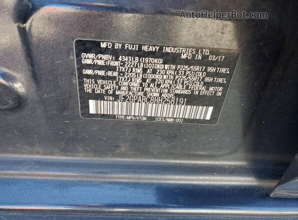JF2GPABC8HH258191 2017 SUBARU CROSSTREK Серый Вид наклейки с VIN-кодом