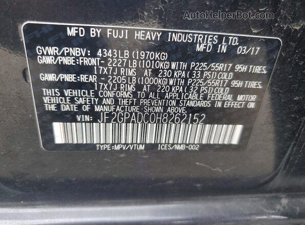 JF2GPADC0H8262152 2017 SUBARU CROSSTREK Charcoal VIN կոդի պիտակի տեսք