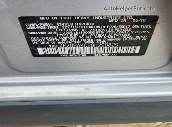 JF2GPAKC2GH298829 2016 SUBARU CROSSTREK Gray VIN sticker view