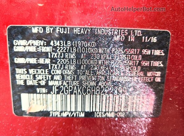 JF2GPAKC6H8222399 2017 SUBARU CROSSTREK Burgundy Вид наклейки з VIN-кодом