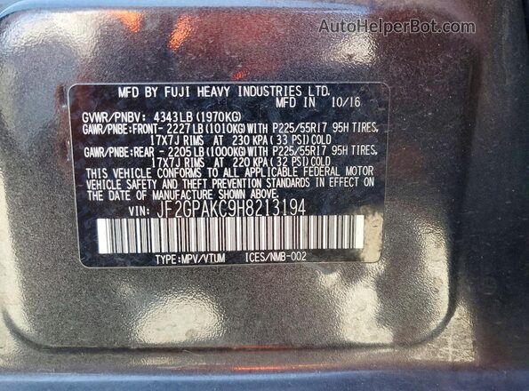 JF2GPAKC9H8213194 2017 SUBARU CROSSTREK Gray VIN կոդի պիտակի տեսք