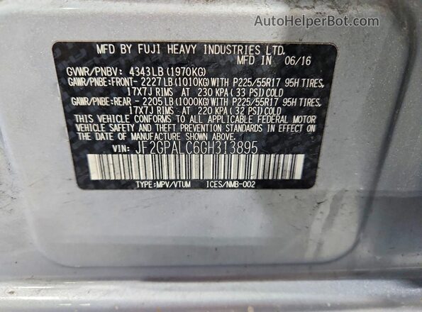 JF2GPALC6GH313895 2016 SUBARU CROSSTREK Silver Вид наклейки з VIN-кодом