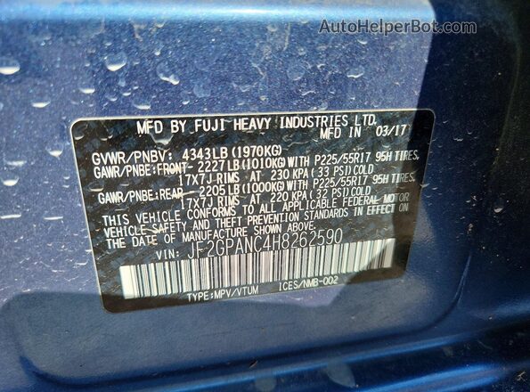 JF2GPANC4H8262590 2017 SUBARU CROSSTREK Blue Вид наклейки з VIN-кодом