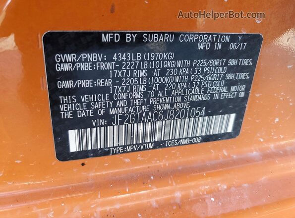 JF2GTAAC6J8201054 2018 SUBARU CROSSTREK Orange Widok naklejki z numerem VIN
