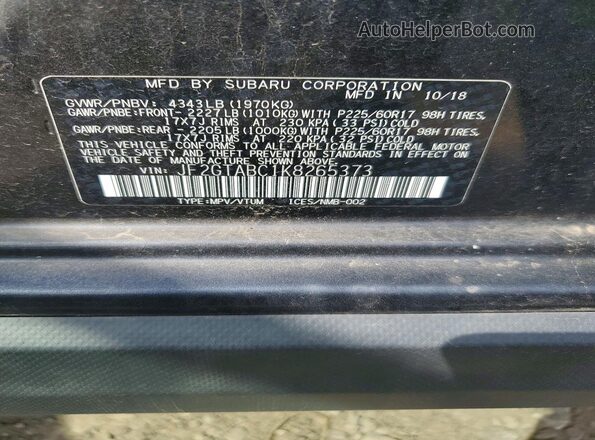 JF2GTABC1K8265373 2019 SUBARU CROSSTREK Black Widok komory silnika
