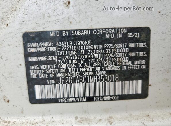 JF2GTABC1MH353018 2021 SUBARU CROSSTREK White Вид підкапотного простору