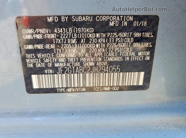 JF2GTABC2JH294055 2018 SUBARU CROSSTREK Blue Engine compartment view