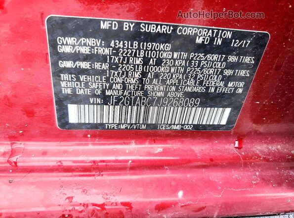 JF2GTABC7J9268089 2018 SUBARU CROSSTREK Red VIN sticker view
