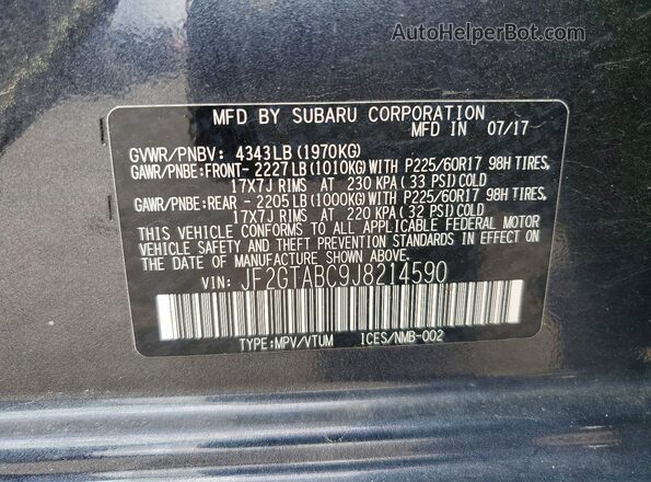 JF2GTABC9J8214590 2018 SUBARU CROSSTREK Gray VIN sticker view