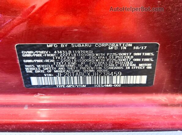 JF2GTABCXJH238459 2018 SUBARU CROSSTREK Burgundy VIN կոդի պիտակի տեսք