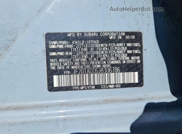 JF2GTACC6J8306786 2018 SUBARU CROSSTREK Blue Вид підкапотного простору