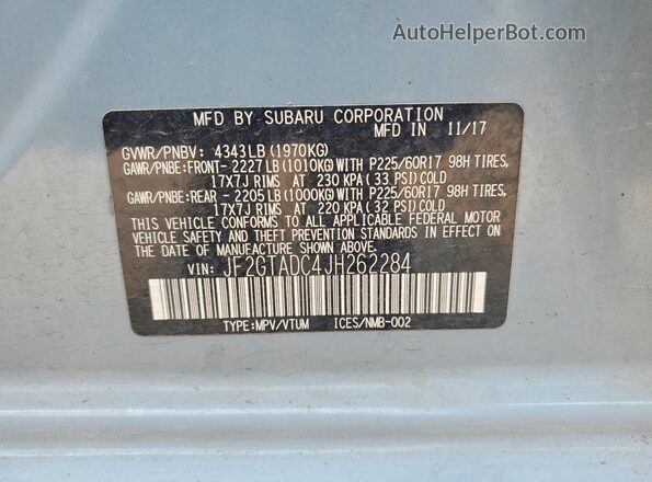 JF2GTADC4JH262284 2018 SUBARU CROSSTREK Gray Սալոնի 360 աստիճան տեսք