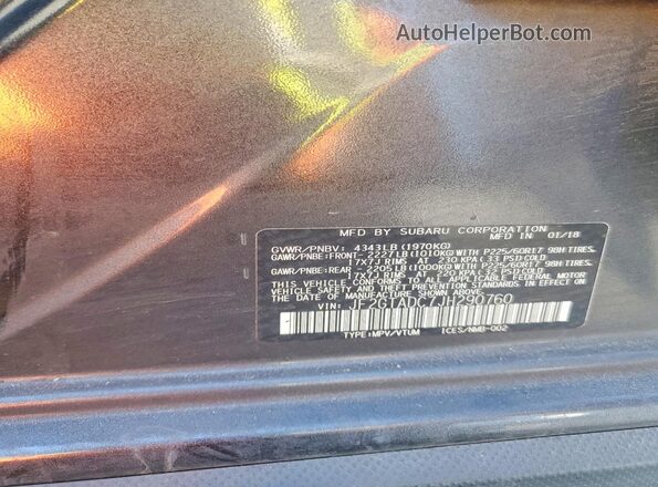 JF2GTADC7JH290760 2018 SUBARU CROSSTREK Charcoal VIN კოდის სტიკერის ხედი