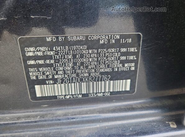 JF2GTADCXK8277762 2019 SUBARU CROSSTREK Black Widok naklejki z numerem VIN