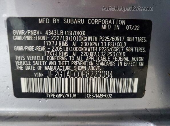 JF2GTAEC0P8223084 2023 SUBARU CROSSTREK Silver Widok naklejki z numerem VIN