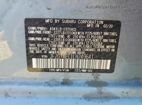 JF2GTAEC1LH249641 2020 SUBARU CROSSTREK Blue VIN sticker view