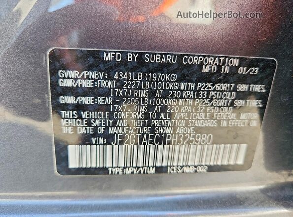 JF2GTAEC1PH325980 2023 SUBARU CROSSTREK Gray VIN კოდის სტიკერის ხედი