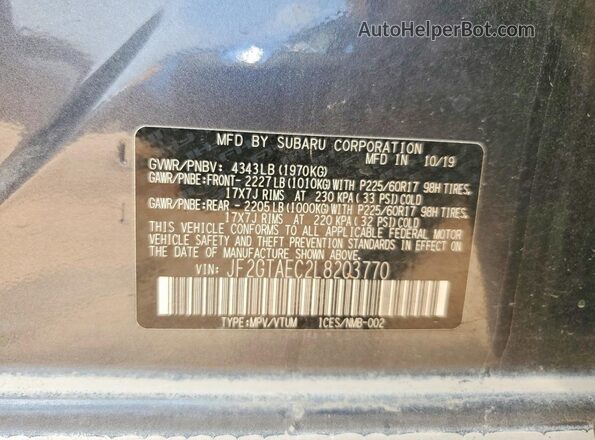 JF2GTAEC2L8203770 2020 SUBARU CROSSTREK Gray ძრავის განყოფილების ხედი