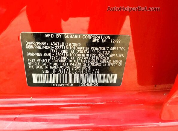 JF2GTAEC2PH306774 2023 SUBARU CROSSTREK Red Vista del compartimento del motor
