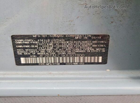 JF2GTAEC3K8307800 2019 SUBARU CROSSTREK Blue Widok naklejki z numerem VIN
