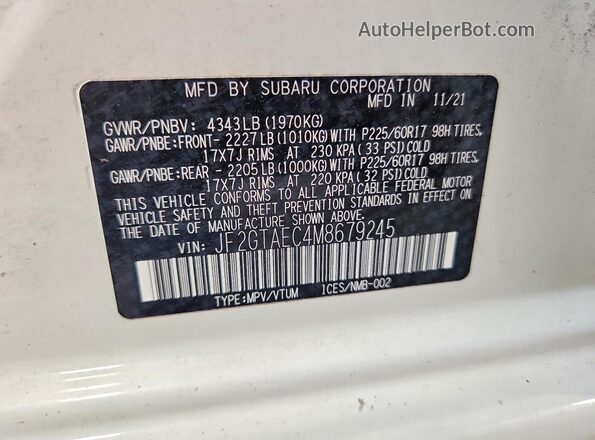 JF2GTAEC4M8679245 2021 SUBARU CROSSTREK White Widok komory silnika