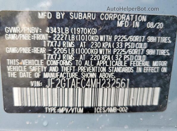 JF2GTAEC4MH232561 2021 SUBARU CROSSTREK Blue Widok wnętrza 360 stopni
