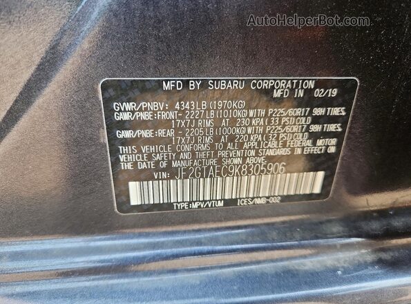 JF2GTAEC9K8305906 2019 SUBARU CROSSTREK Gray VIN sticker view