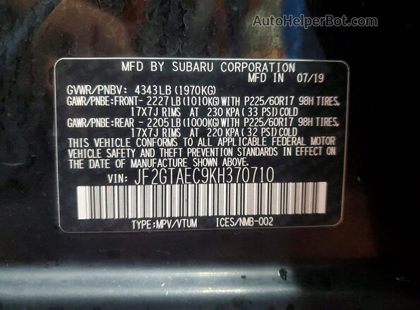 JF2GTAEC9KH370710 2019 SUBARU CROSSTREK Black Widok naklejki z numerem VIN