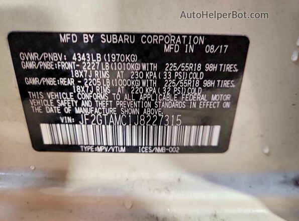 JF2GTAMC1J8227315 2018 SUBARU CROSSTREK White VIN կոդի պիտակի տեսք