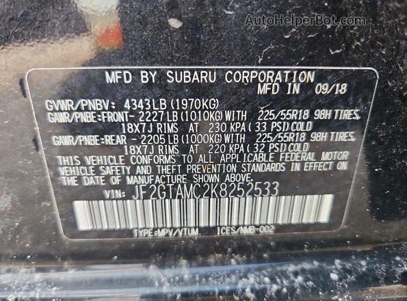 JF2GTAMC2K8252533 2019 SUBARU CROSSTREK Black Widok wnętrza 360 stopni
