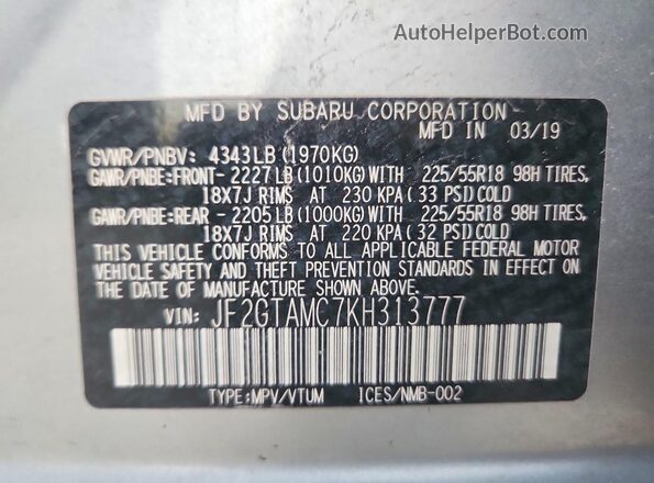 JF2GTAMC7KH313777 2019 SUBARU CROSSTREK Silver Սալոնի 360 աստիճան տեսք