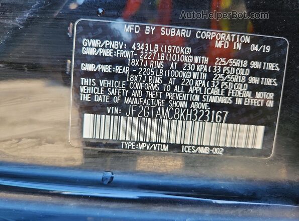 JF2GTAMC8KH323167 2019 SUBARU CROSSTREK Black Widok naklejki z numerem VIN