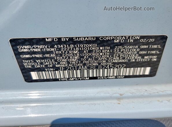 JF2GTAMC8L8245202 2020 SUBARU CROSSTREK Blue Вид підкапотного простору