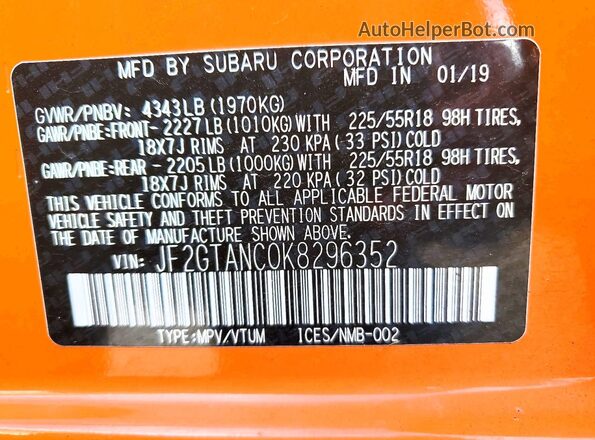 JF2GTANC0K8296352 2019 SUBARU CROSSTREK Оранжевый Вид наклейки с VIN-кодом