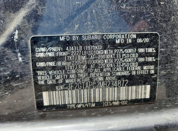 JF2GTAPC2MH234872 2021 SUBARU CROSSTREK Gray VIN կոդի պիտակի տեսք