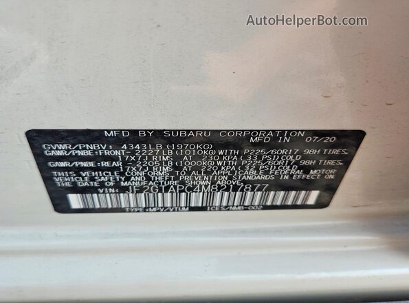 JF2GTAPC4M8217877 2021 SUBARU CROSSTREK White Вид наклейки з VIN-кодом