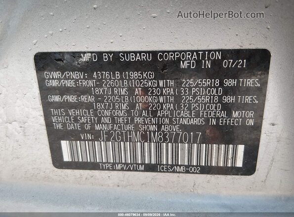 JF2GTHMC1M8377017 2021 SUBARU CROSSTREK Silver Engine compartment view