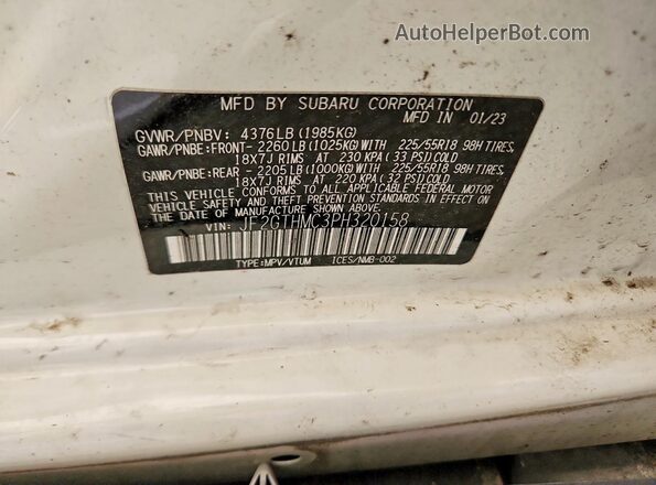 JF2GTHMC3PH320158 2023 SUBARU CROSSTREK White Vista de la etiqueta del VIN
